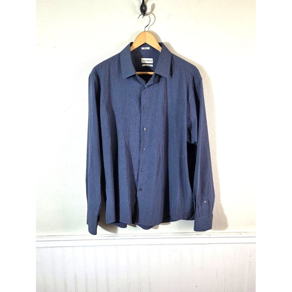 Lucky Brand Mens XL Slim Fit Shirt Blue Geo Print 4 Way Stretch Button Up Casual